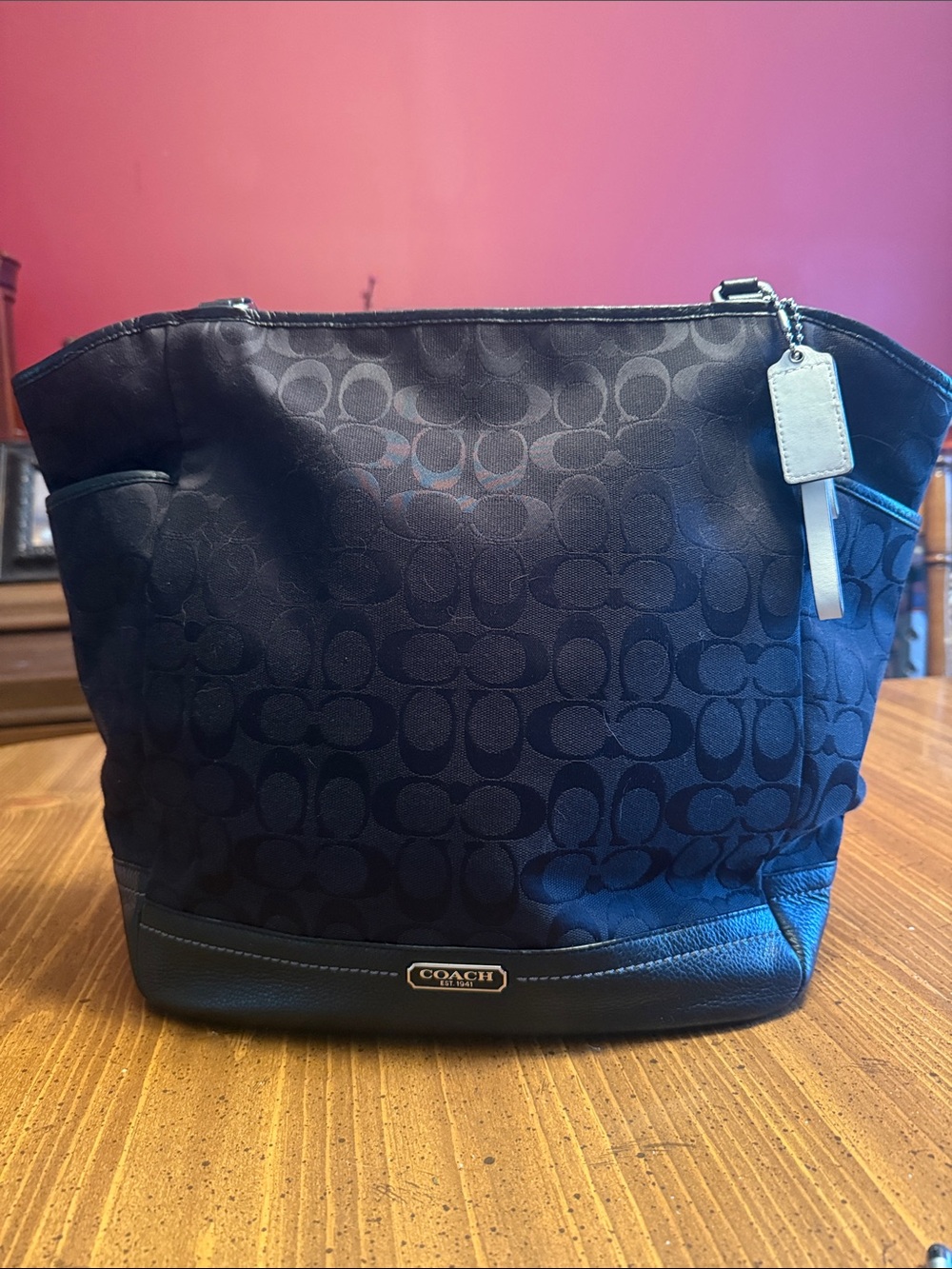 Coach Black Signature Canvas Tote with Leather Trim